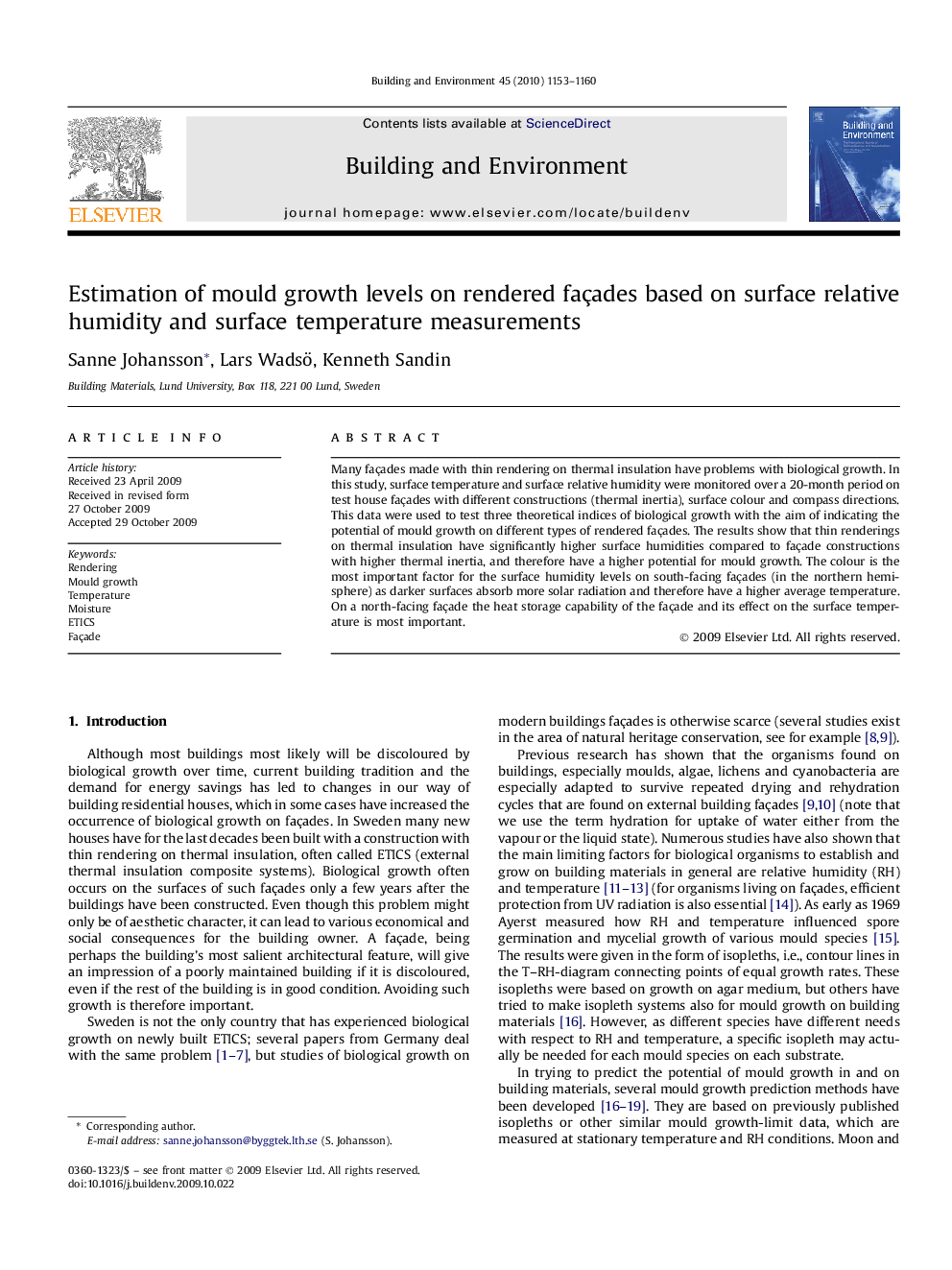 Estimation of mould growth levels on rendered façades based on surface relative humidity and surface temperature measurements