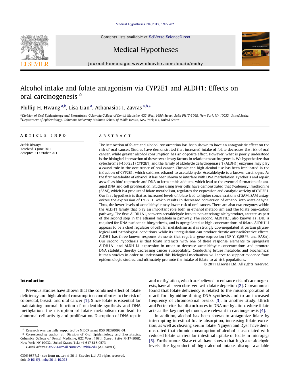 Alcohol intake and folate antagonism via CYP2E1 and ALDH1: Effects on oral carcinogenesis 