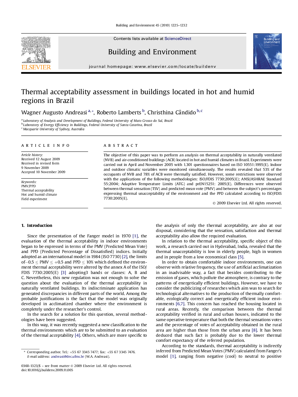 Thermal acceptability assessment in buildings located in hot and humid regions in Brazil