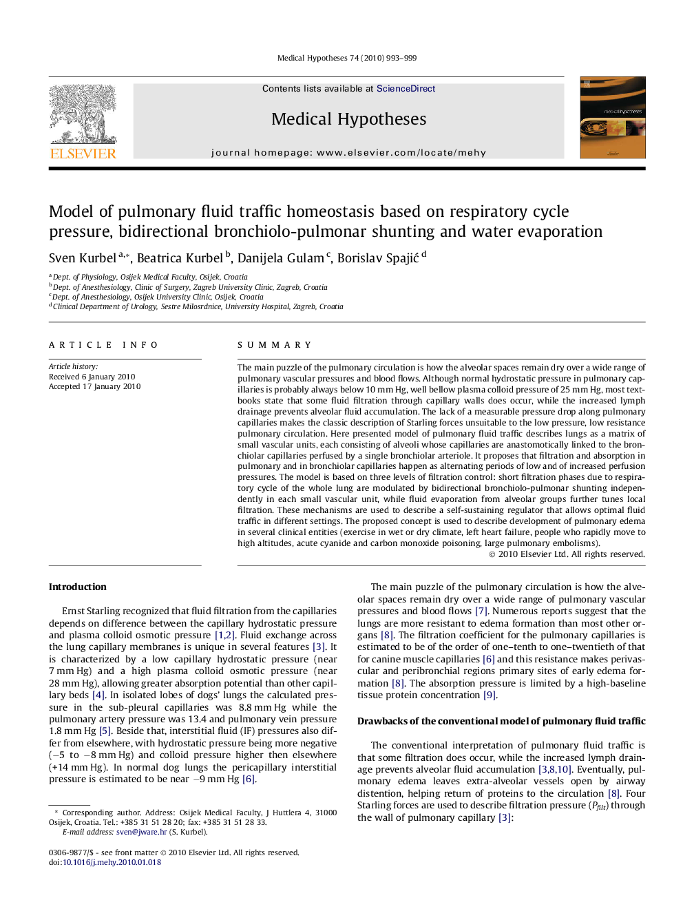 Model of pulmonary fluid traffic homeostasis based on respiratory cycle pressure, bidirectional bronchiolo-pulmonar shunting and water evaporation