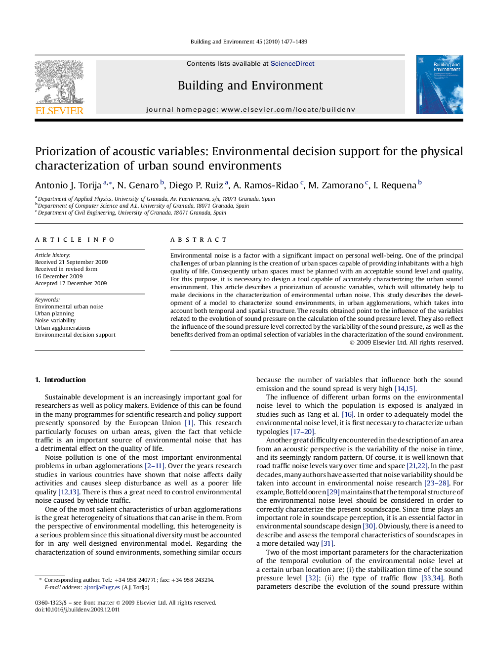 Priorization of acoustic variables: Environmental decision support for the physical characterization of urban sound environments