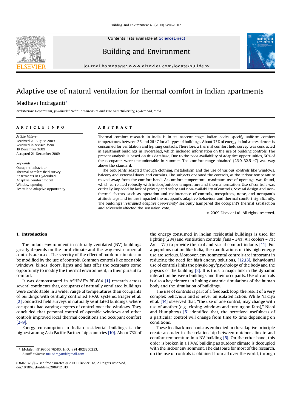 Adaptive use of natural ventilation for thermal comfort in Indian apartments