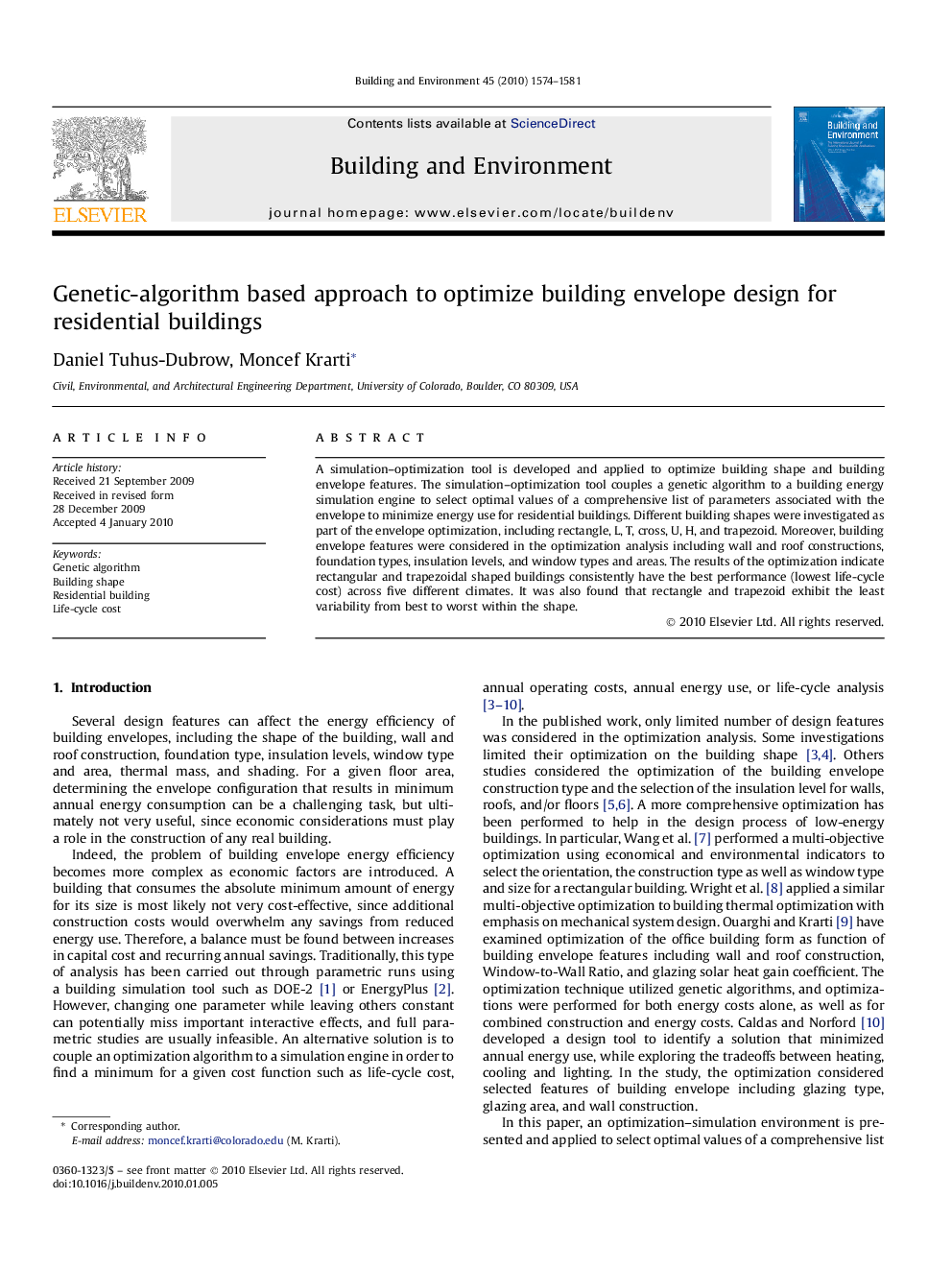 Genetic-algorithm based approach to optimize building envelope design for residential buildings