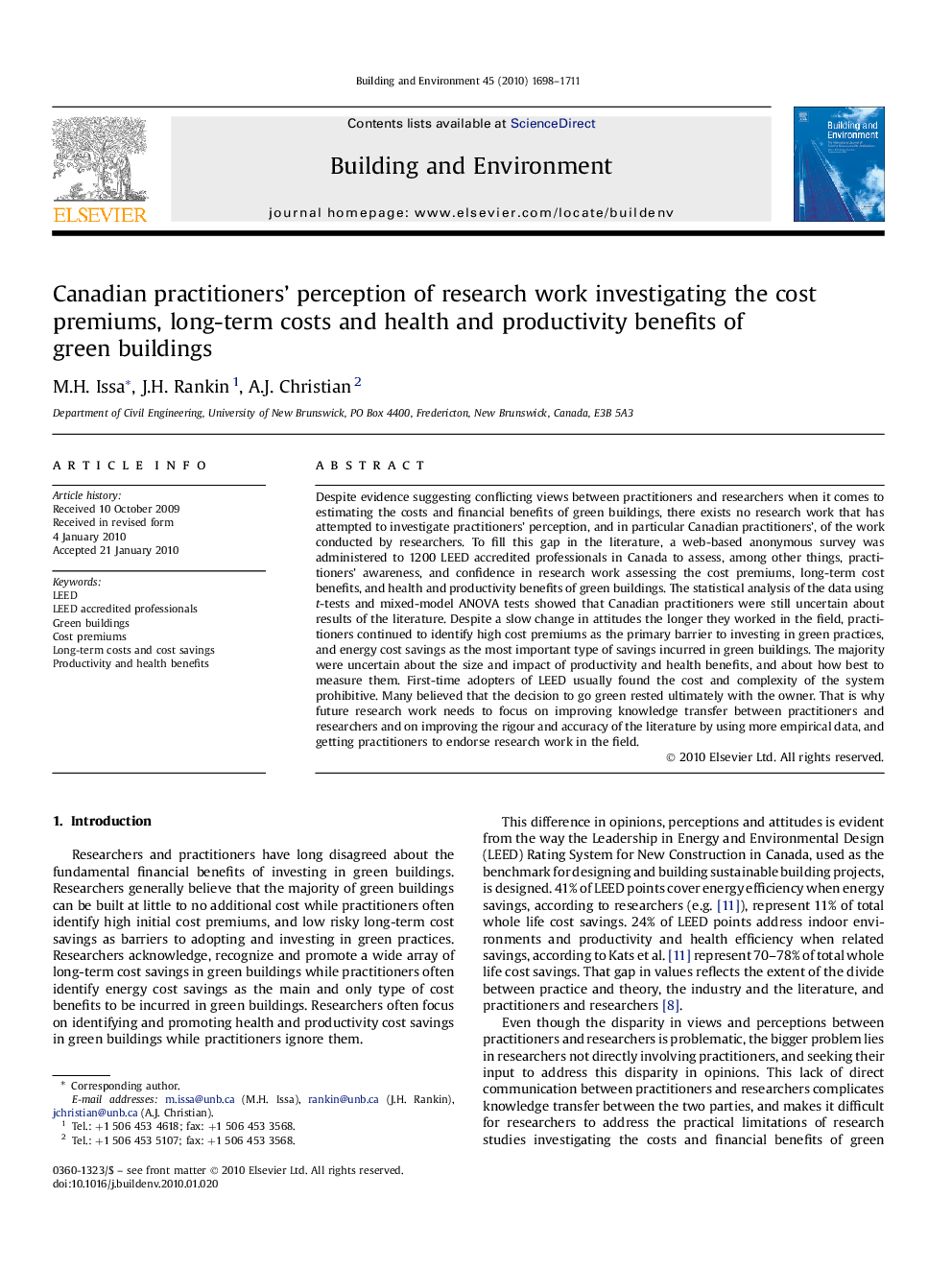 Canadian practitioners' perception of research work investigating the cost premiums, long-term costs and health and productivity benefits of green buildings