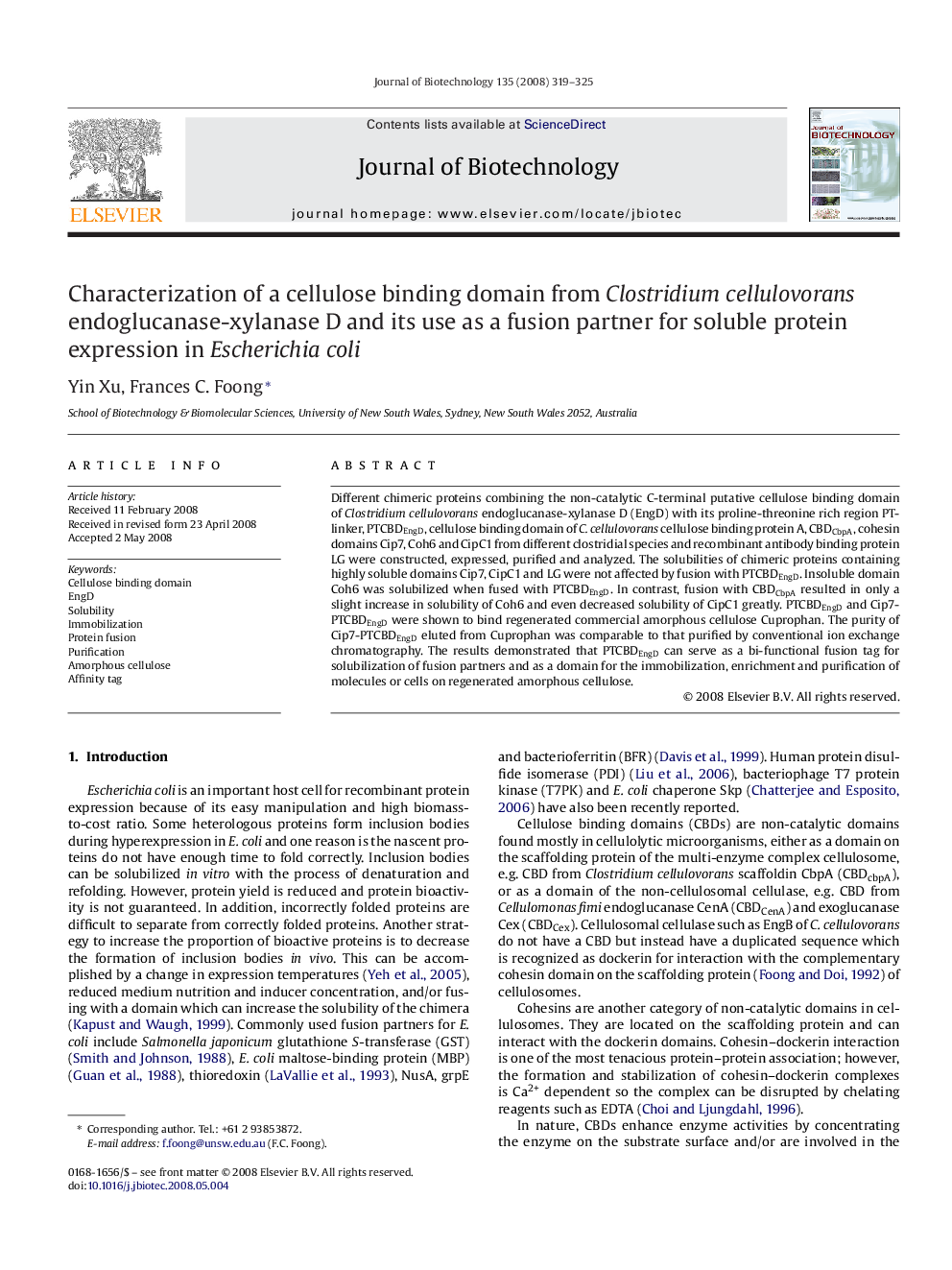 Characterization of a cellulose binding domain from Clostridium cellulovorans endoglucanase-xylanase D and its use as a fusion partner for soluble protein expression in Escherichia coli