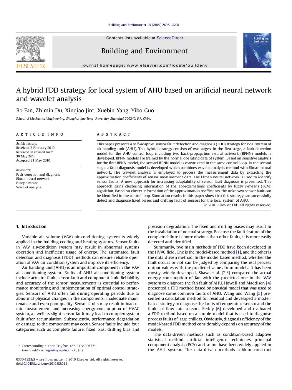 A hybrid FDD strategy for local system of AHU based on artificial neural network and wavelet analysis