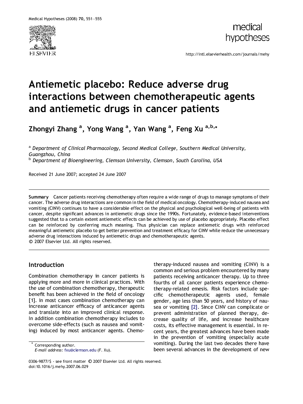 Antiemetic placebo: Reduce adverse drug interactions between chemotherapeutic agents and antiemetic drugs in cancer patients