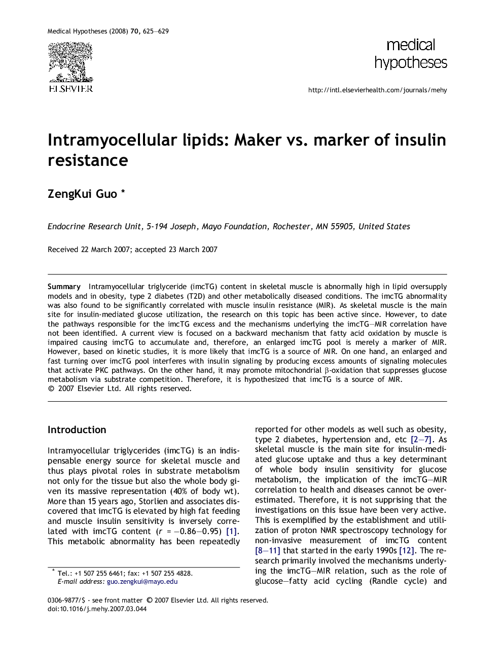 Intramyocellular lipids: Maker vs. marker of insulin resistance