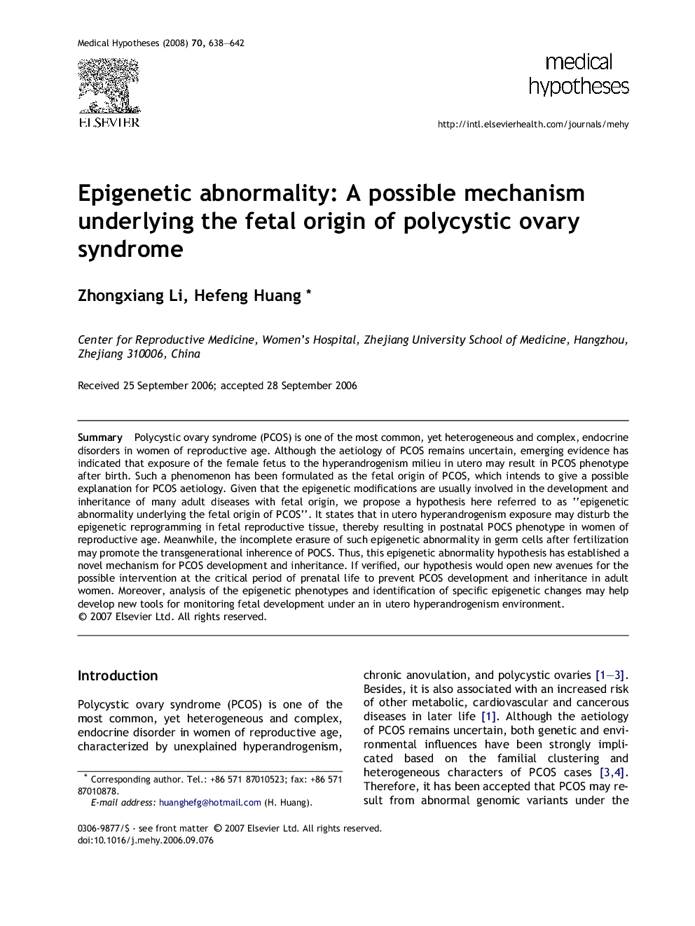 Epigenetic abnormality: A possible mechanism underlying the fetal origin of polycystic ovary syndrome