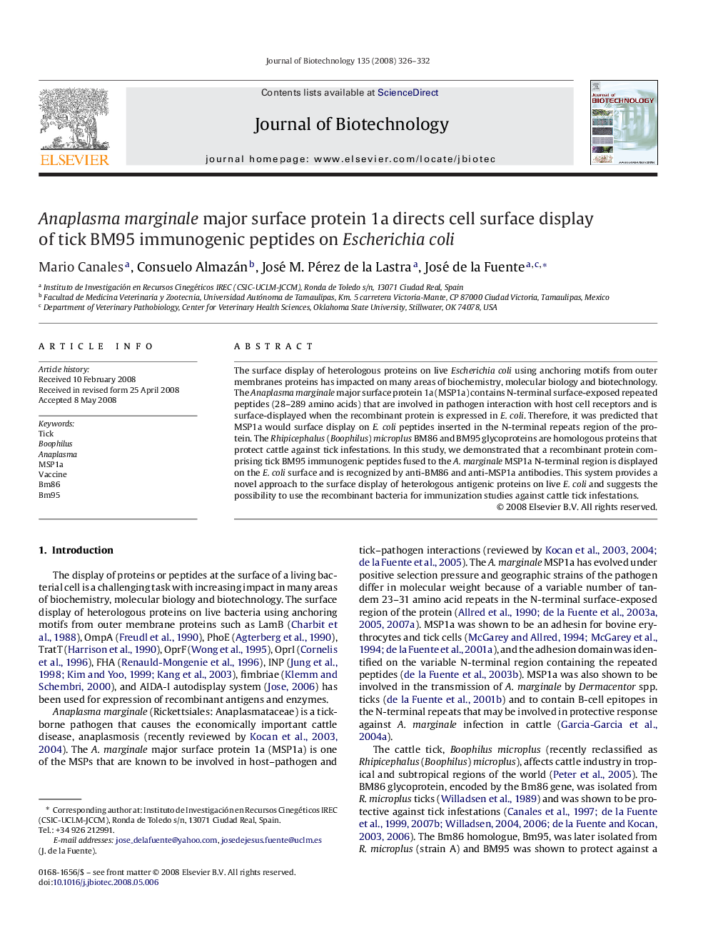 Anaplasma marginale major surface protein 1a directs cell surface display of tick BM95 immunogenic peptides on Escherichia coli