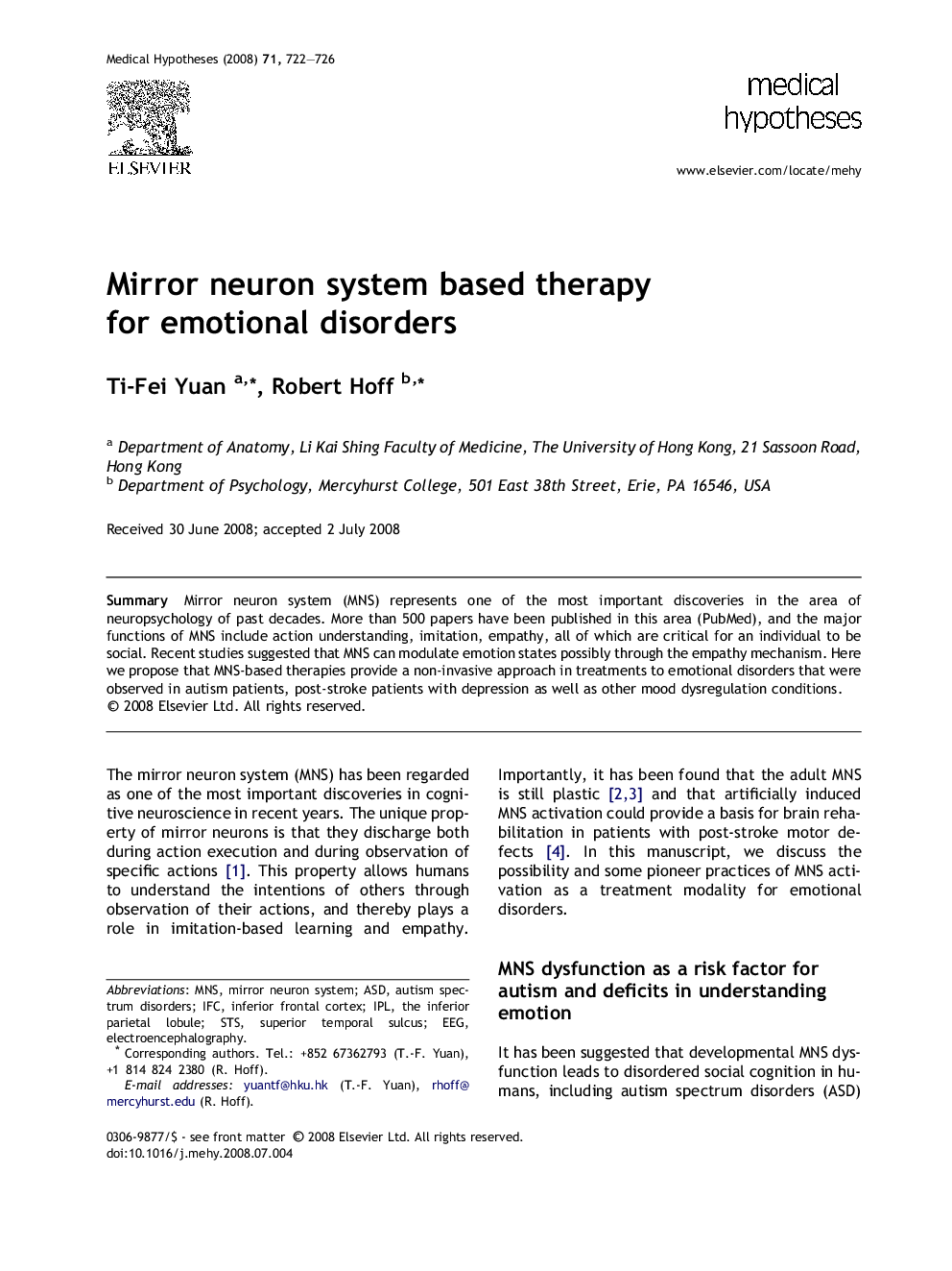 Mirror neuron system based therapy for emotional disorders