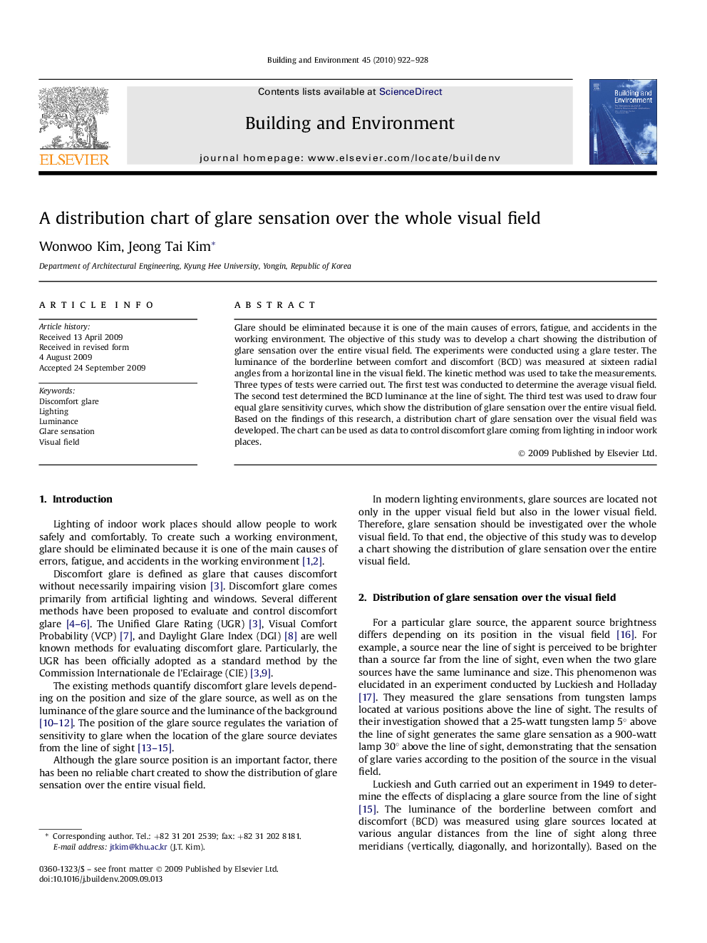 A distribution chart of glare sensation over the whole visual field