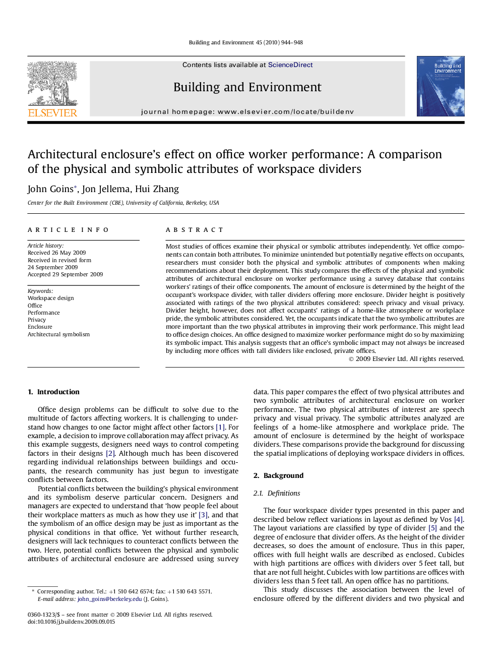 Architectural enclosure's effect on office worker performance: A comparison of the physical and symbolic attributes of workspace dividers