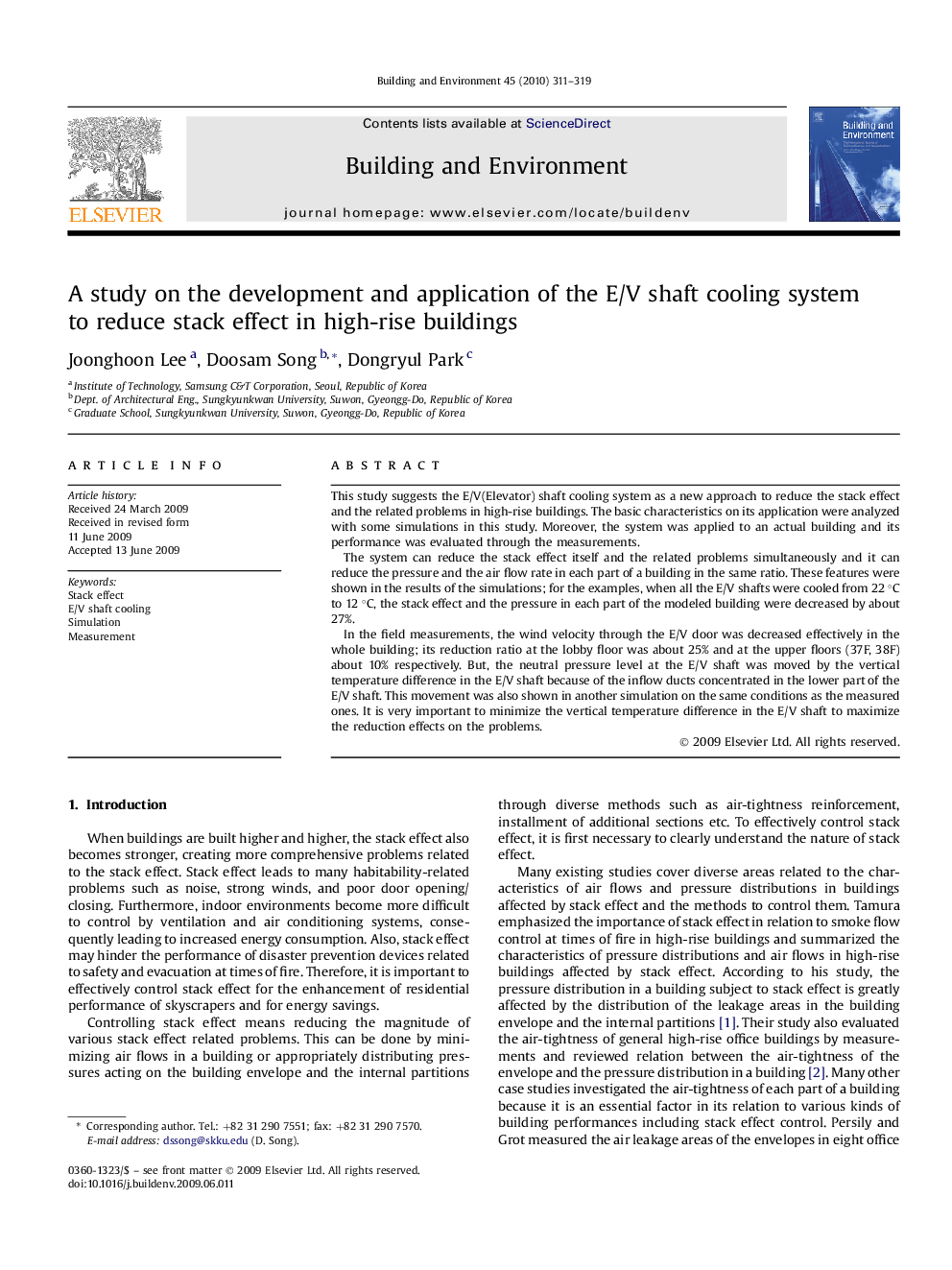 A study on the development and application of the E/V shaft cooling system to reduce stack effect in high-rise buildings