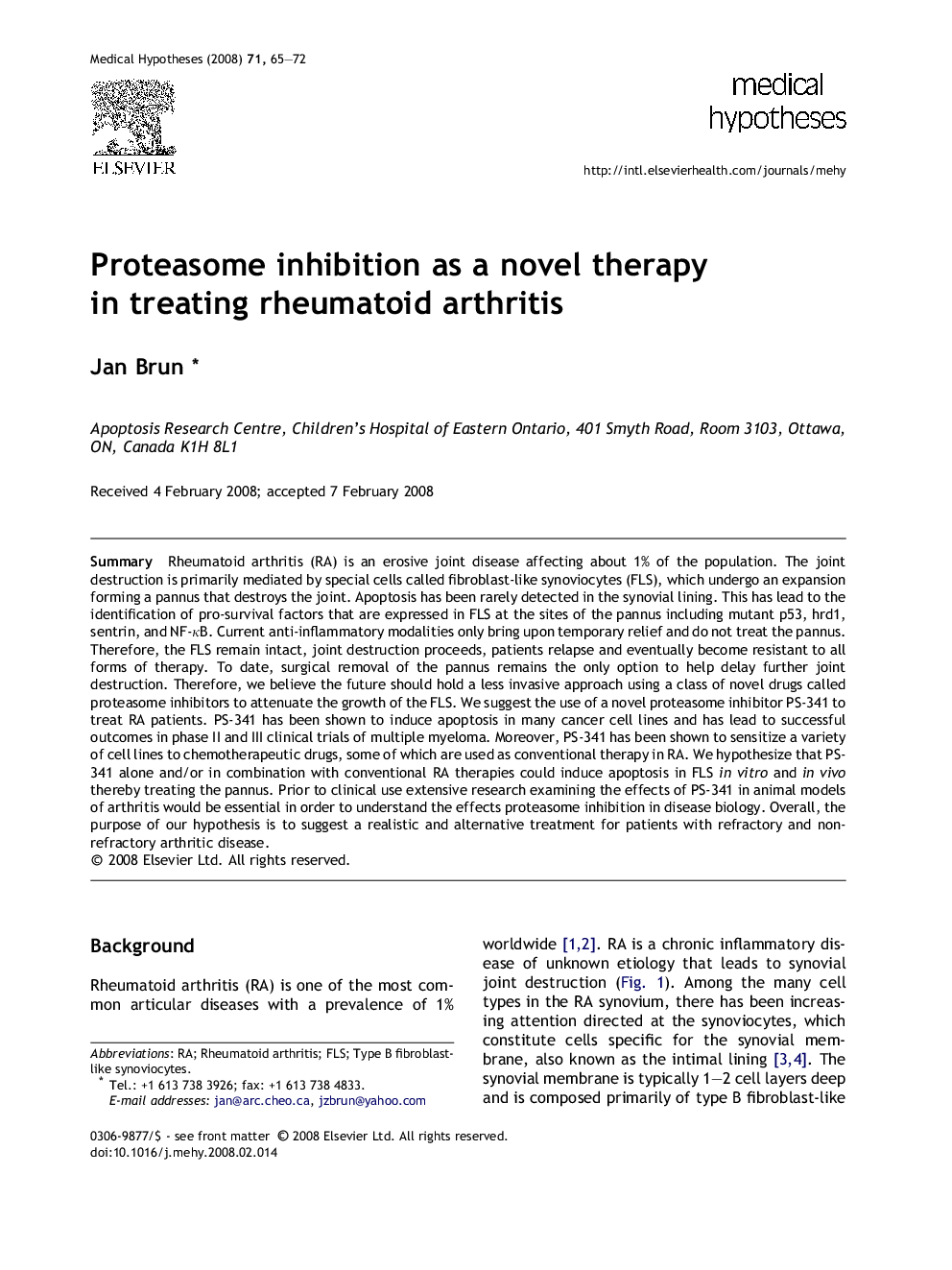 Proteasome inhibition as a novel therapy in treating rheumatoid arthritis