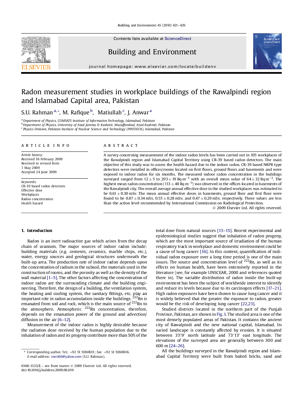 Radon measurement studies in workplace buildings of the Rawalpindi region and Islamabad Capital area, Pakistan