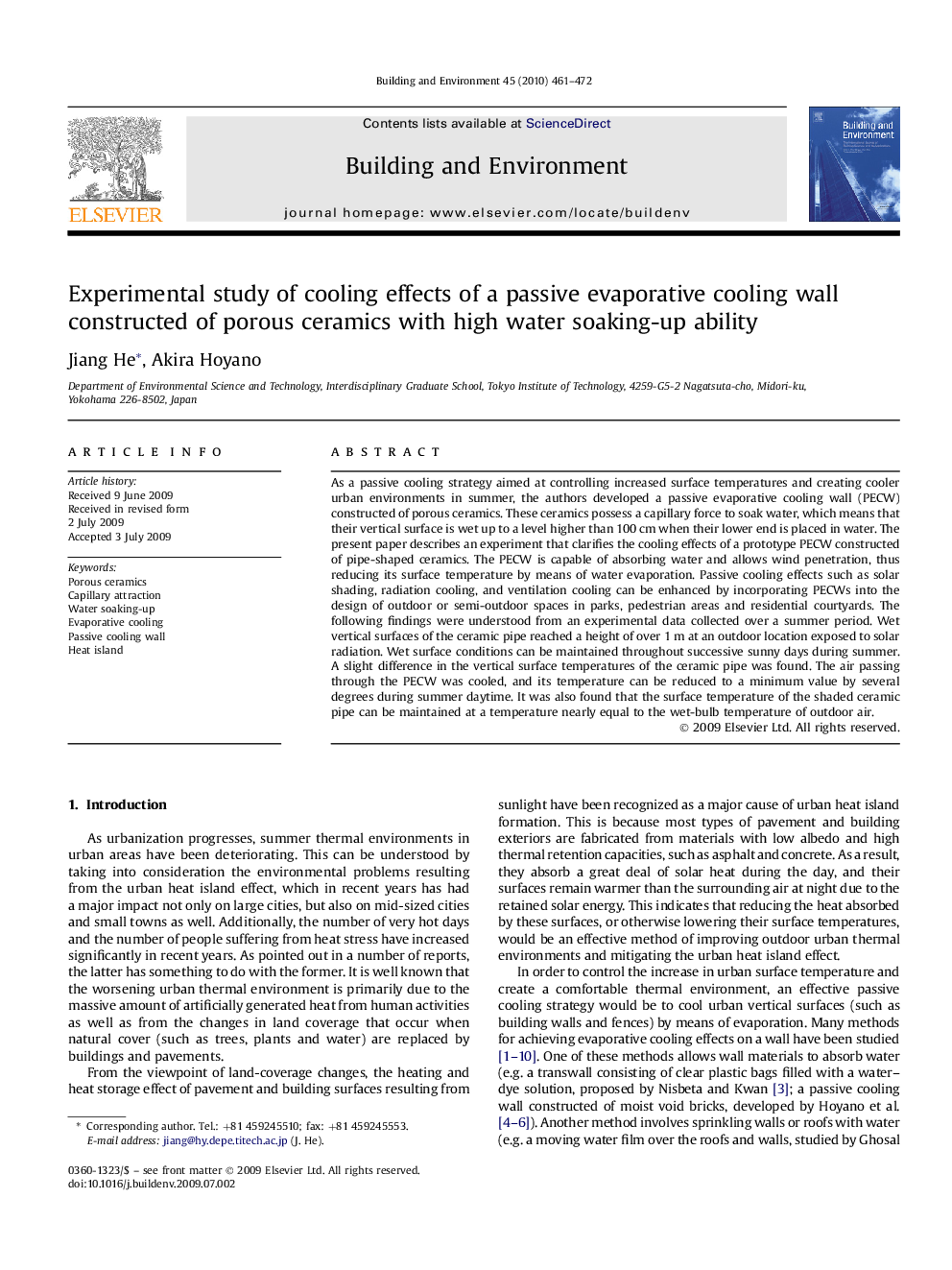 Experimental study of cooling effects of a passive evaporative cooling wall constructed of porous ceramics with high water soaking-up ability