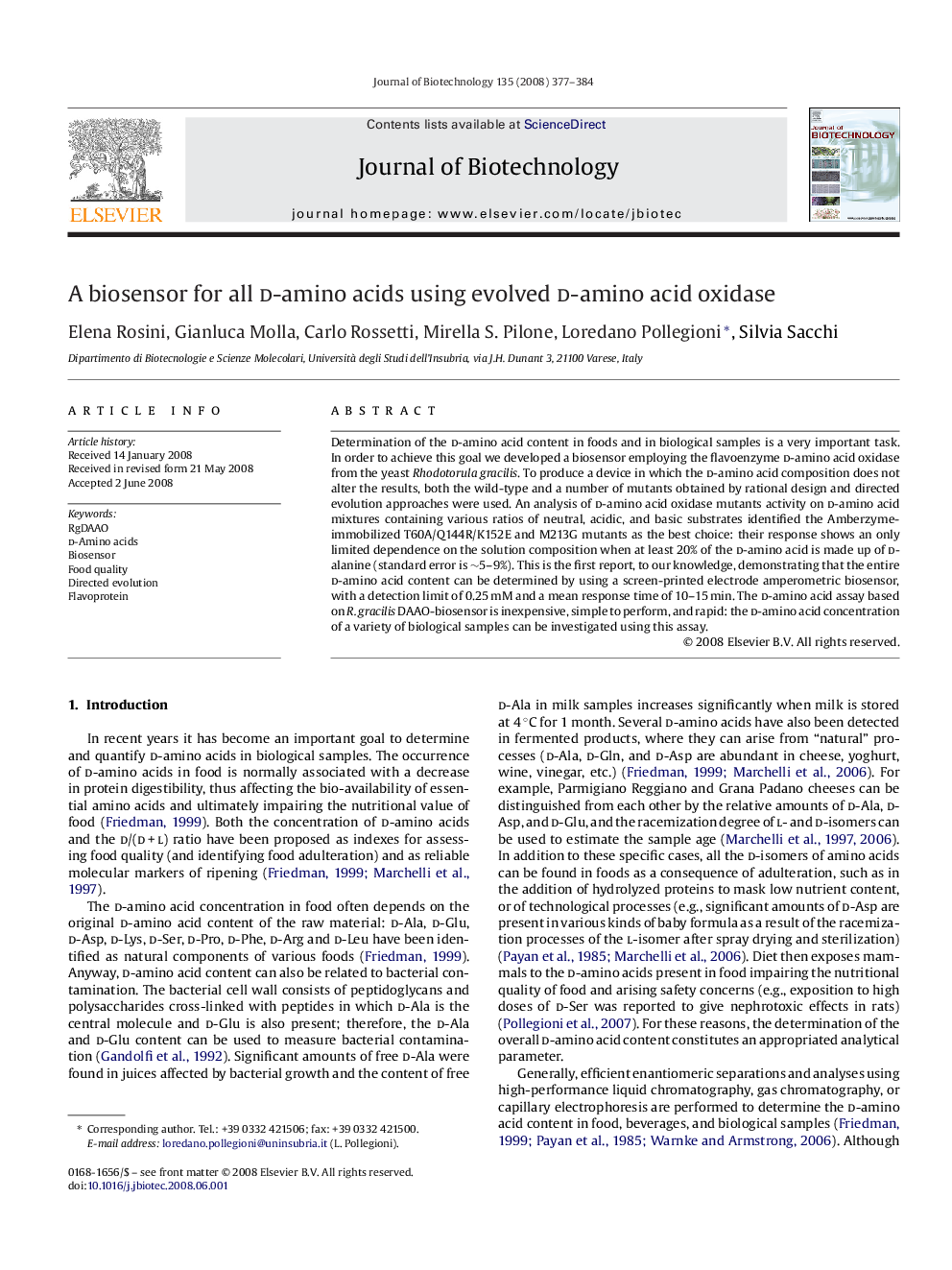 A biosensor for all d-amino acids using evolved d-amino acid oxidase