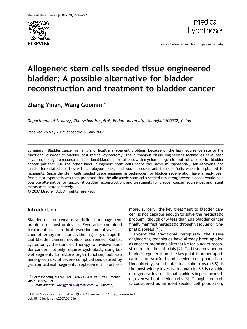 Allogeneic stem cells seeded tissue engineered bladder: A possible alternative for bladder reconstruction and treatment to bladder cancer