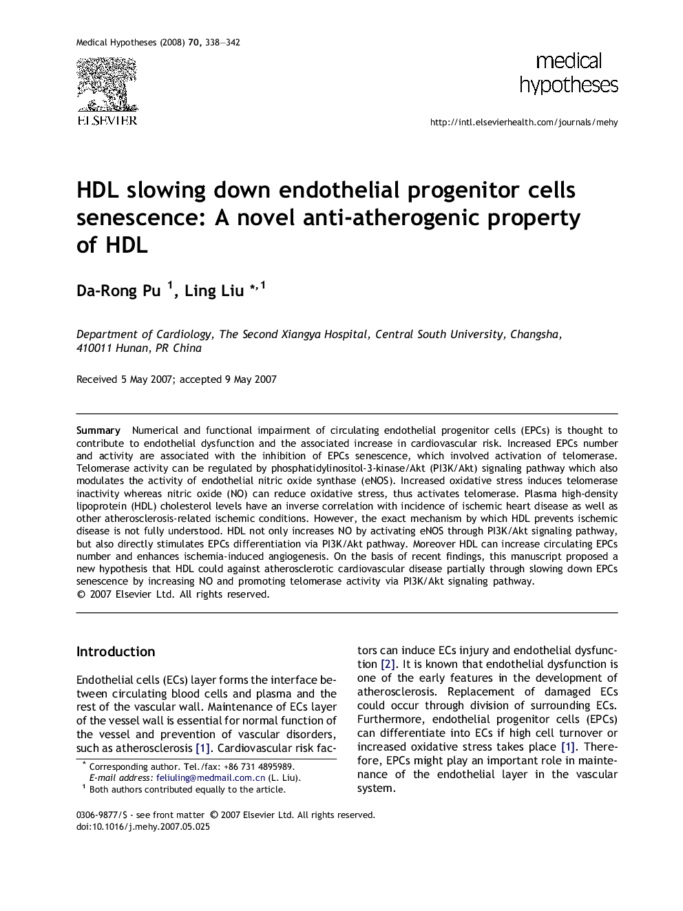 HDL slowing down endothelial progenitor cells senescence: A novel anti-atherogenic property of HDL