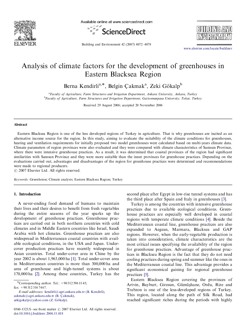 Analysis of climate factors for the development of greenhouses in Eastern Blacksea Region