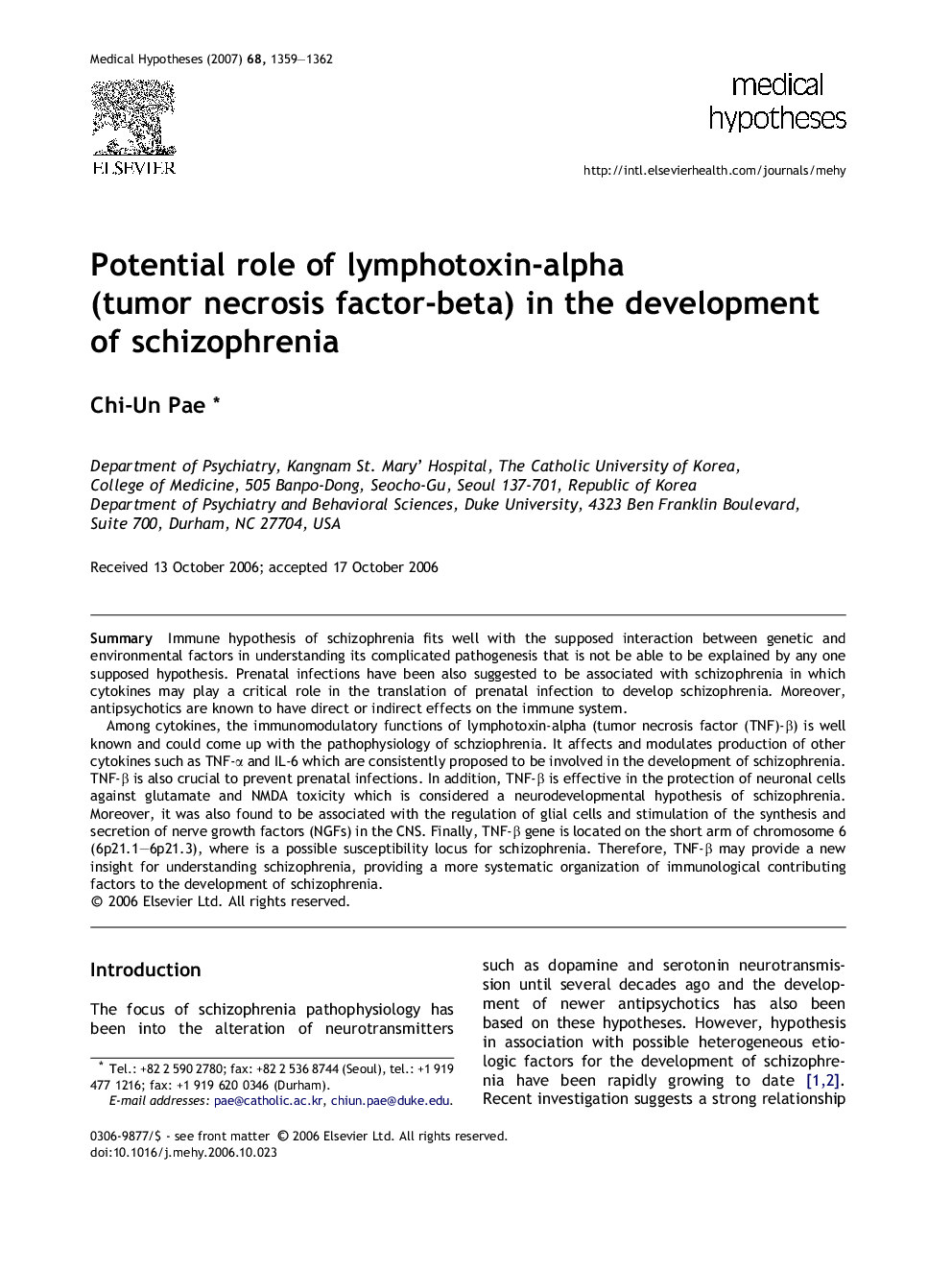 عکس صفحه اول مقاله: Potential role of lymphotoxin-alpha (tumor necrosis factor-beta) in the development of schizophrenia Potential role of lymphotoxin-alpha (tumor necrosis factor-beta) in the development of schizophrenia