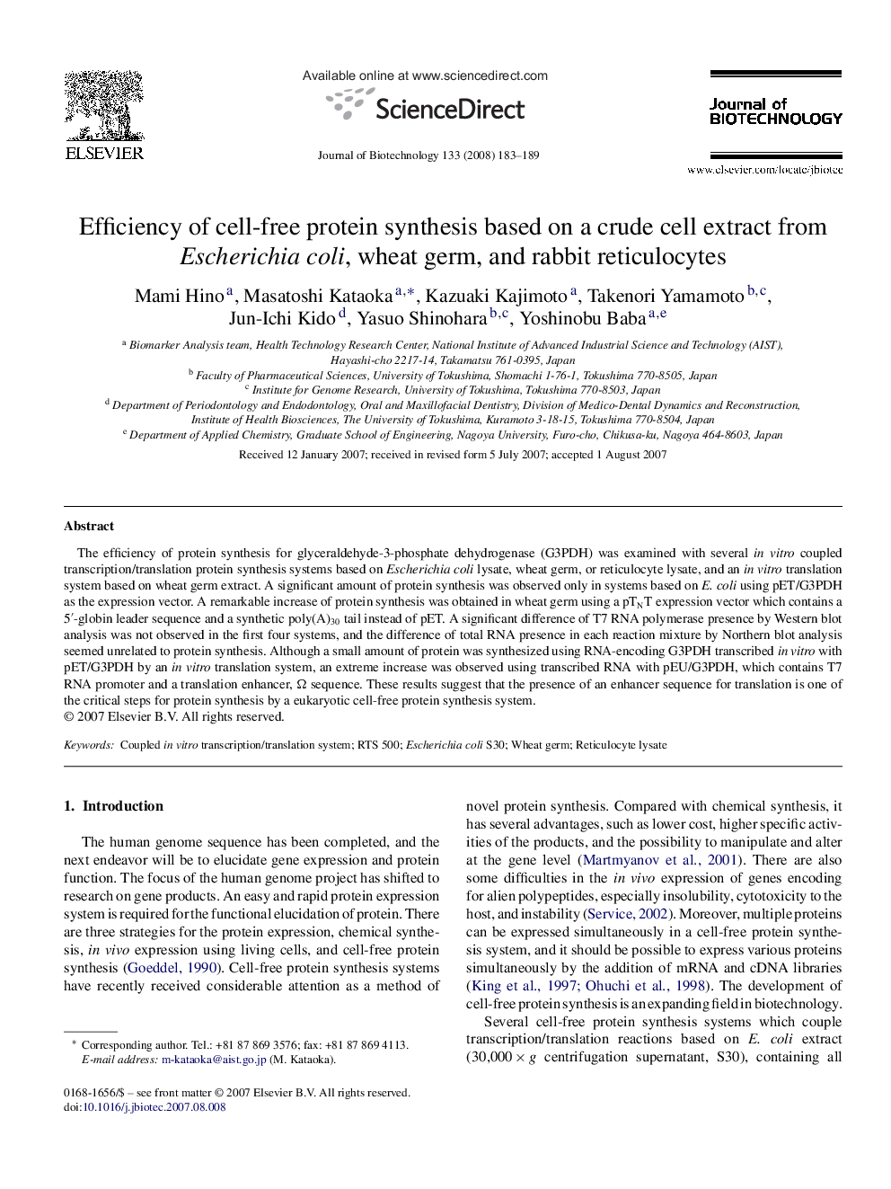 Efficiency of cell-free protein synthesis based on a crude cell extract from Escherichia coli, wheat germ, and rabbit reticulocytes