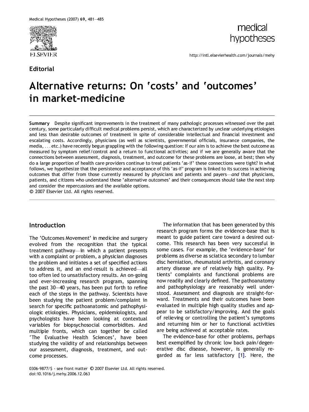 Alternative returns: On 'costs' and 'outcomes' in market-medicine