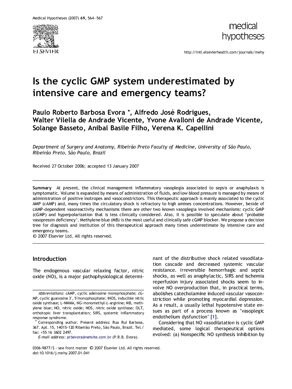 Is the cyclic GMP system underestimated by intensive care and emergency teams?