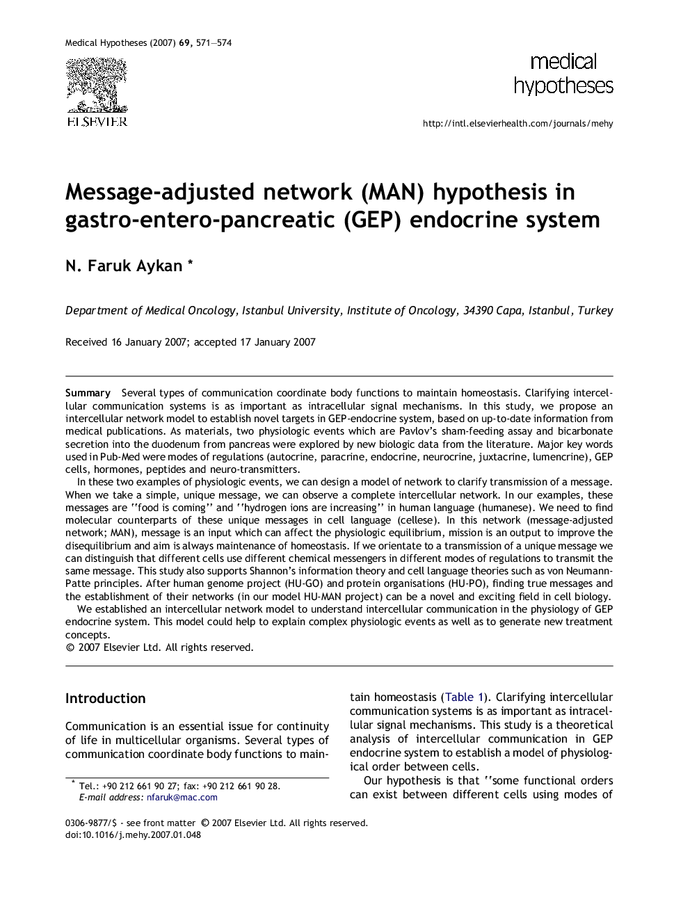 Message-adjusted network (MAN) hypothesis in gastro-entero-pancreatic (GEP) endocrine system