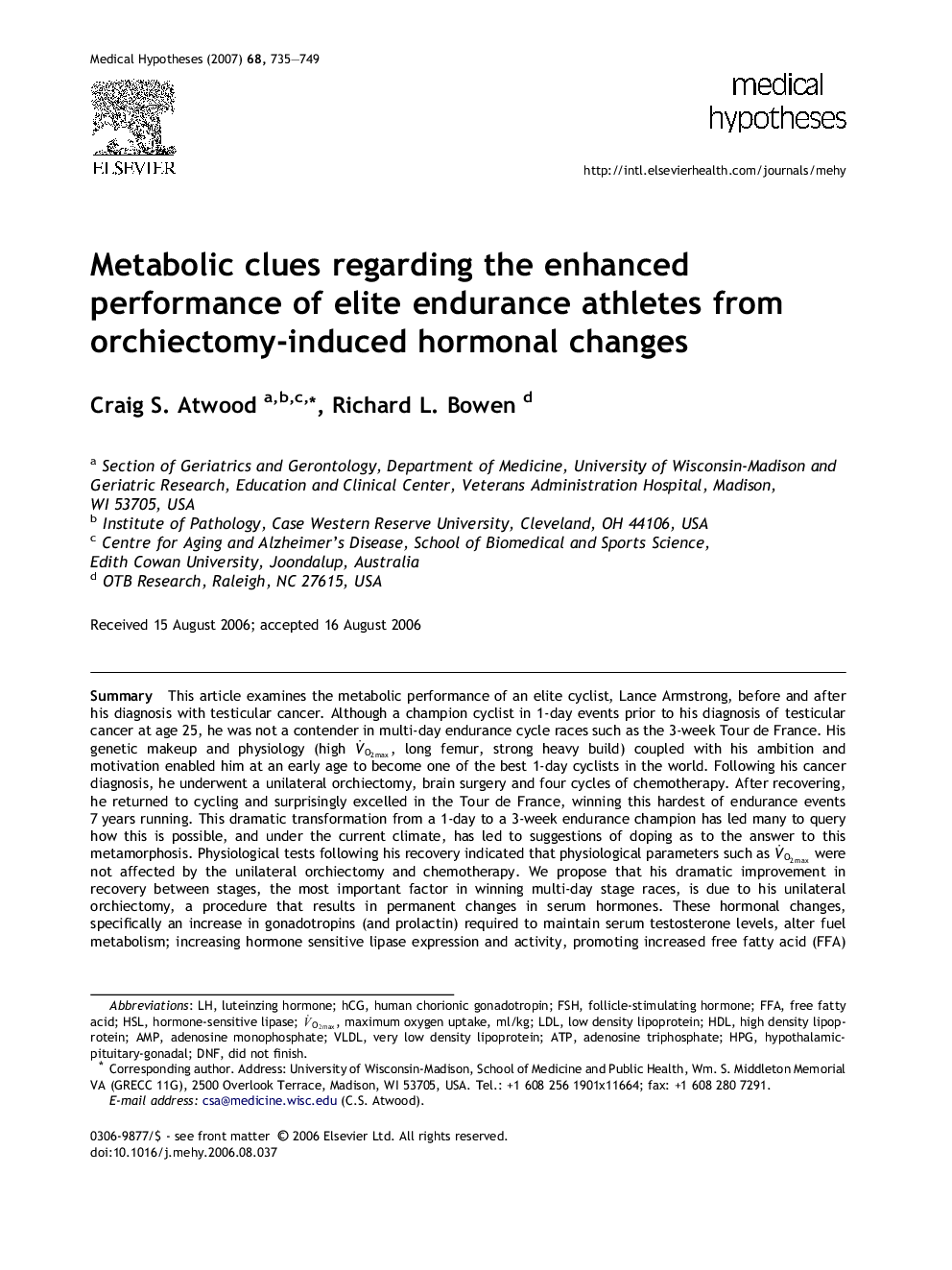 Metabolic clues regarding the enhanced performance of elite endurance athletes from orchiectomy-induced hormonal changes