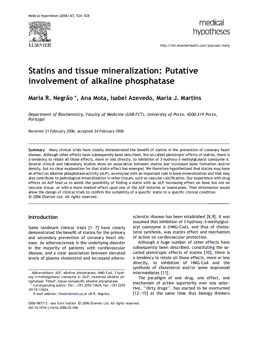 Statins and tissue mineralization: Putative involvement of alkaline phosphatase