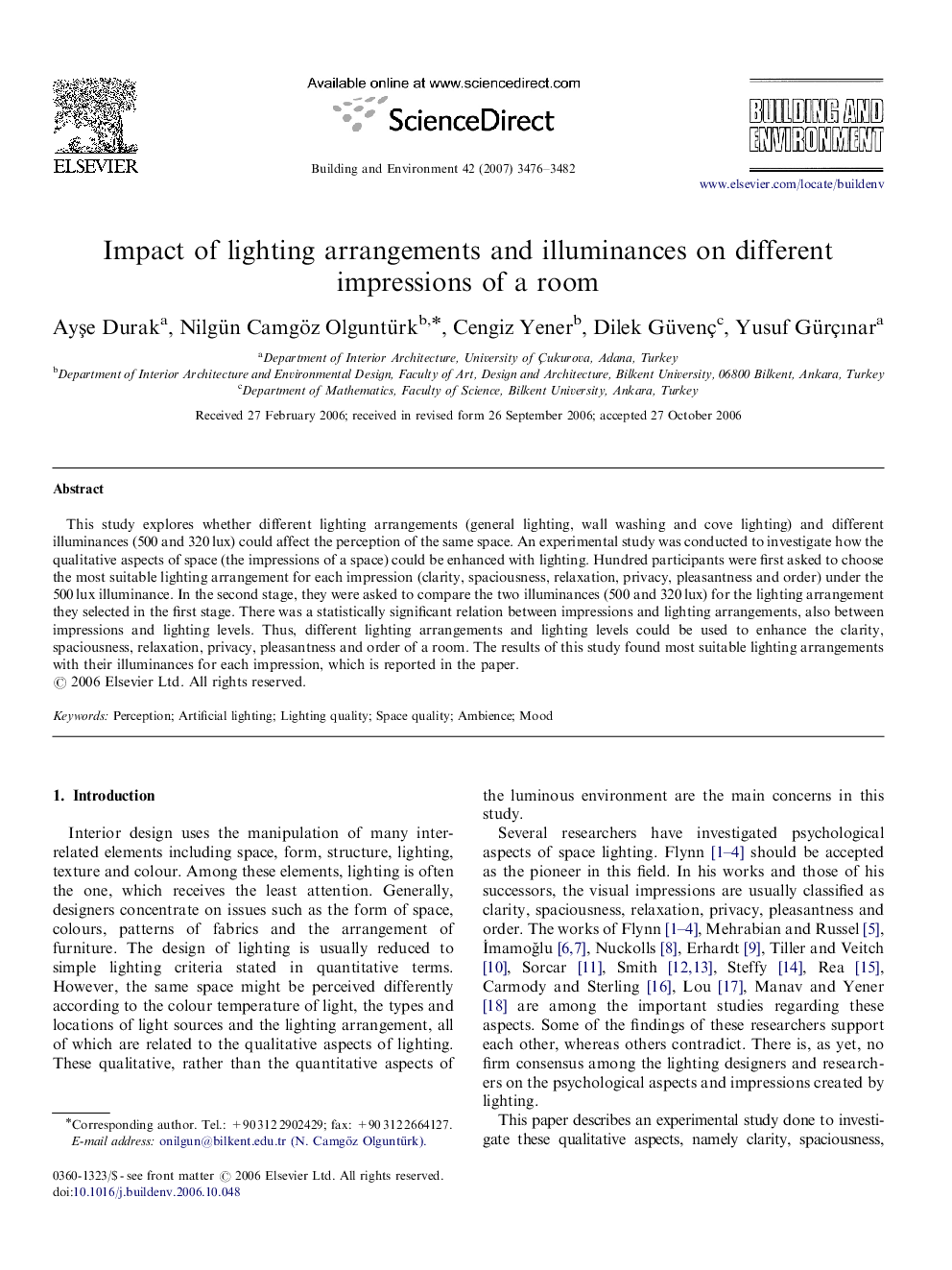 عکس صفحه اول مقاله: Impact of lighting arrangements and illuminances on different impressions of a room Impact of lighting arrangements and illuminances on different impressions of a room