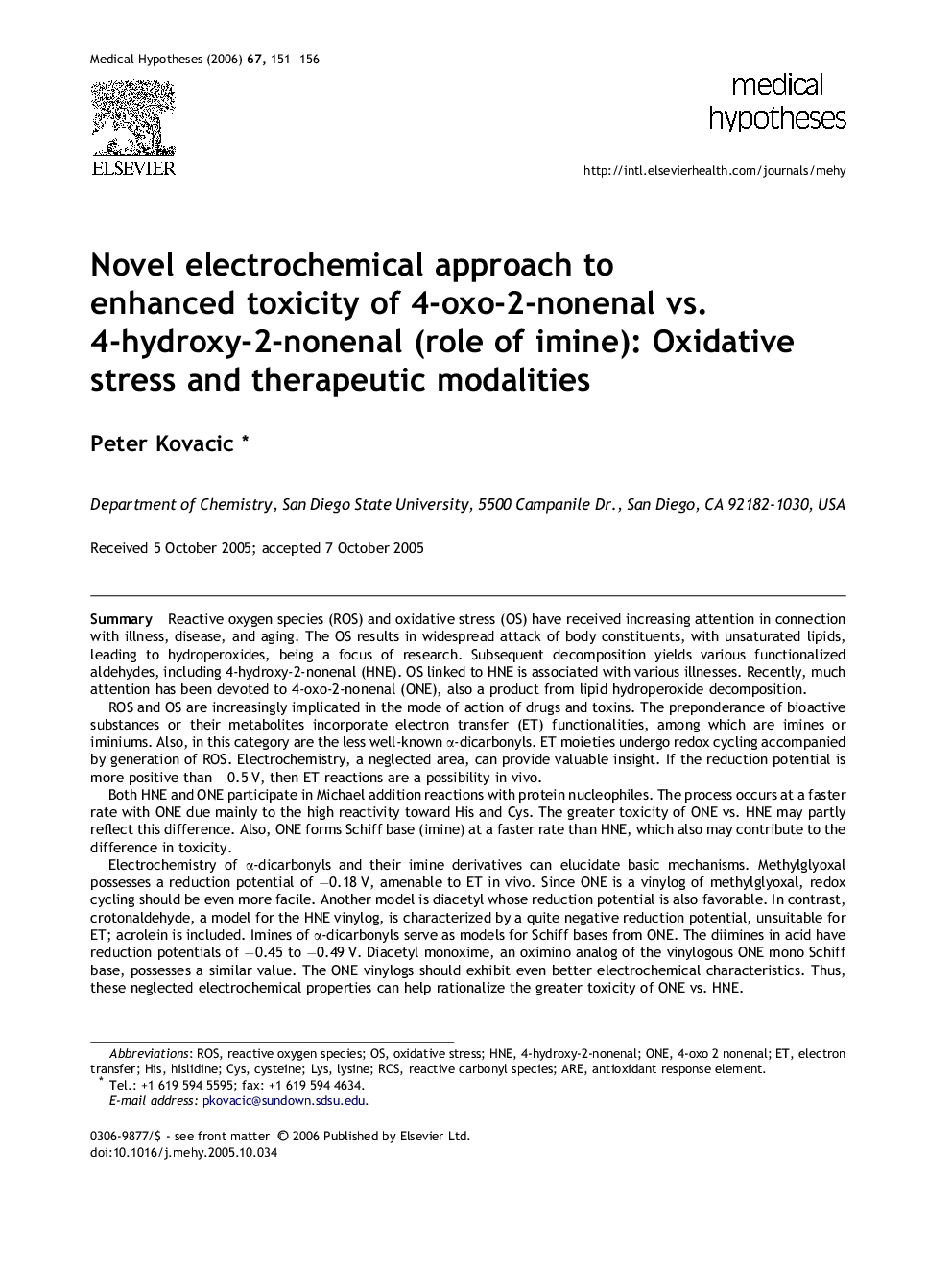 Novel electrochemical approach to enhanced toxicity of 4-oxo-2-nonenal vs. 4-hydroxy-2-nonenal (role of imine): Oxidative stress and therapeutic modalities