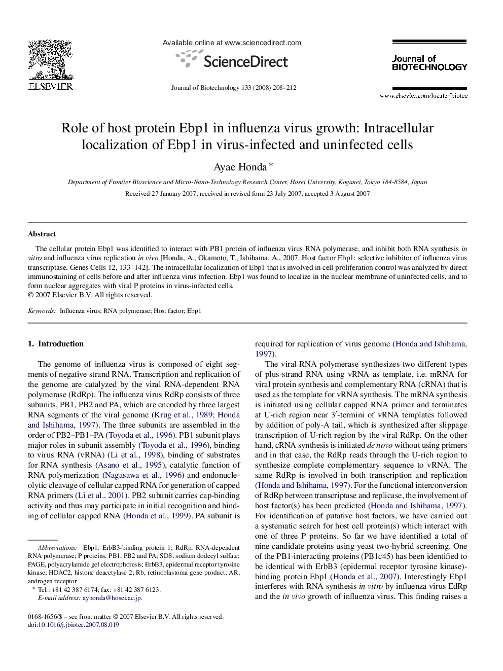 Role of host protein Ebp1 in influenza virus growth: Intracellular localization of Ebp1 in virus-infected and uninfected cells