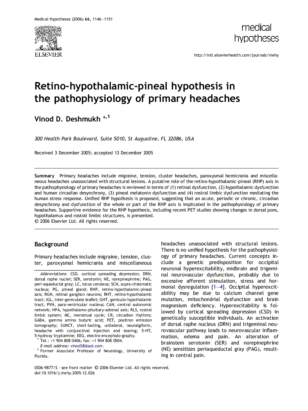 Retino-hypothalamic-pineal hypothesis in the pathophysiology of primary headaches