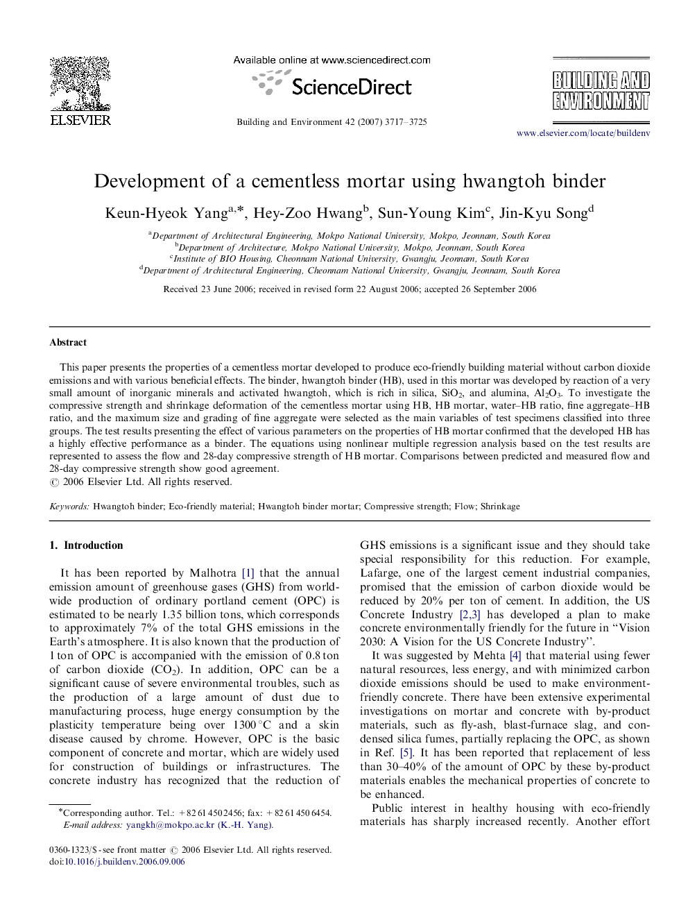 Development of a cementless mortar using hwangtoh binder