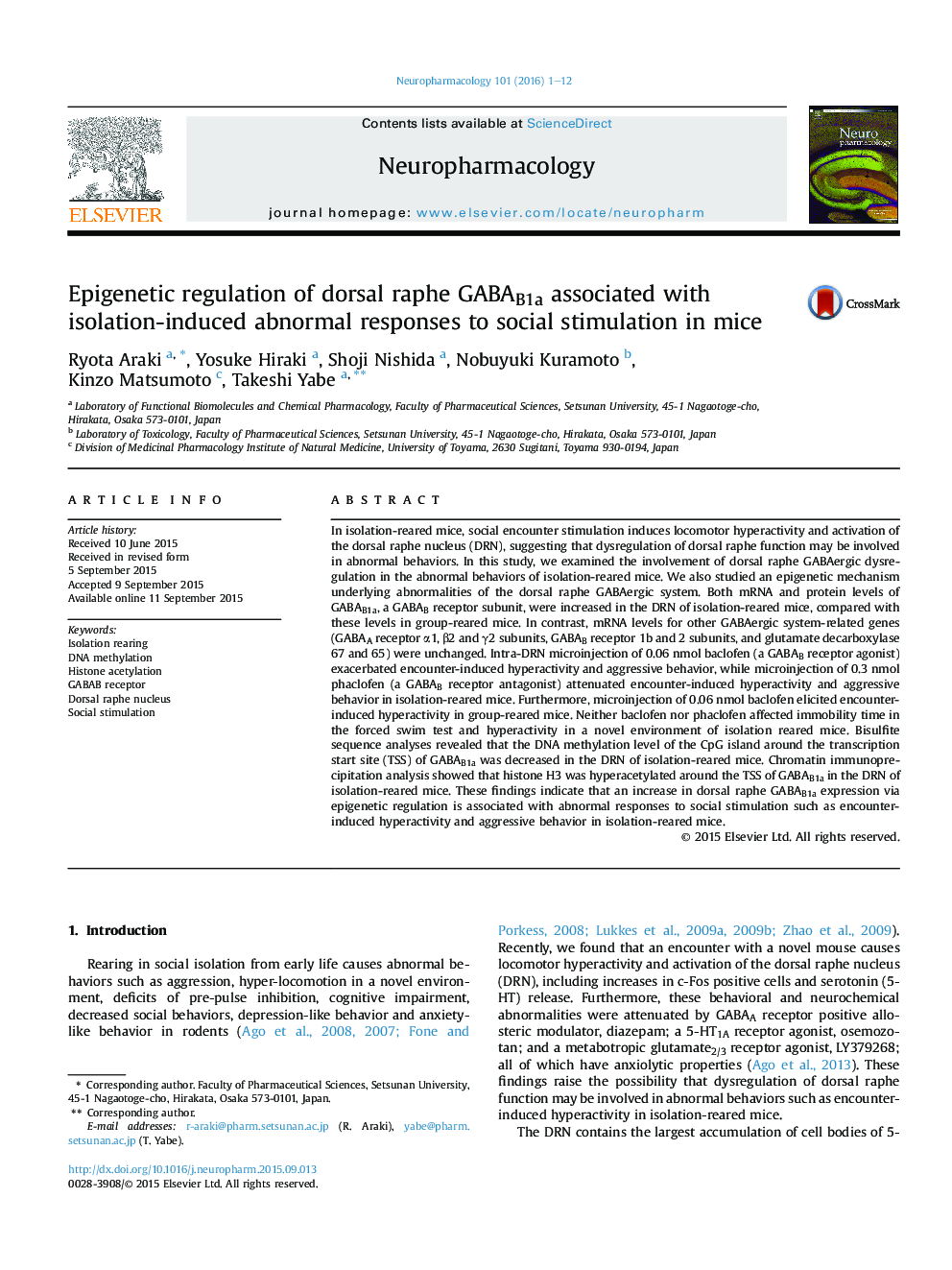 Epigenetic regulation of dorsal raphe GABAB1a associated with isolation-induced abnormal responses to social stimulation in mice