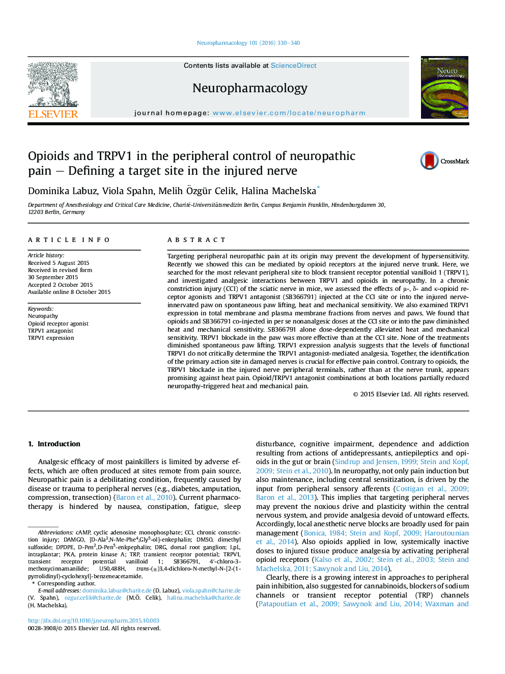 Opioids and TRPV1 in the peripheral control of neuropathic pain – Defining a target site in the injured nerve