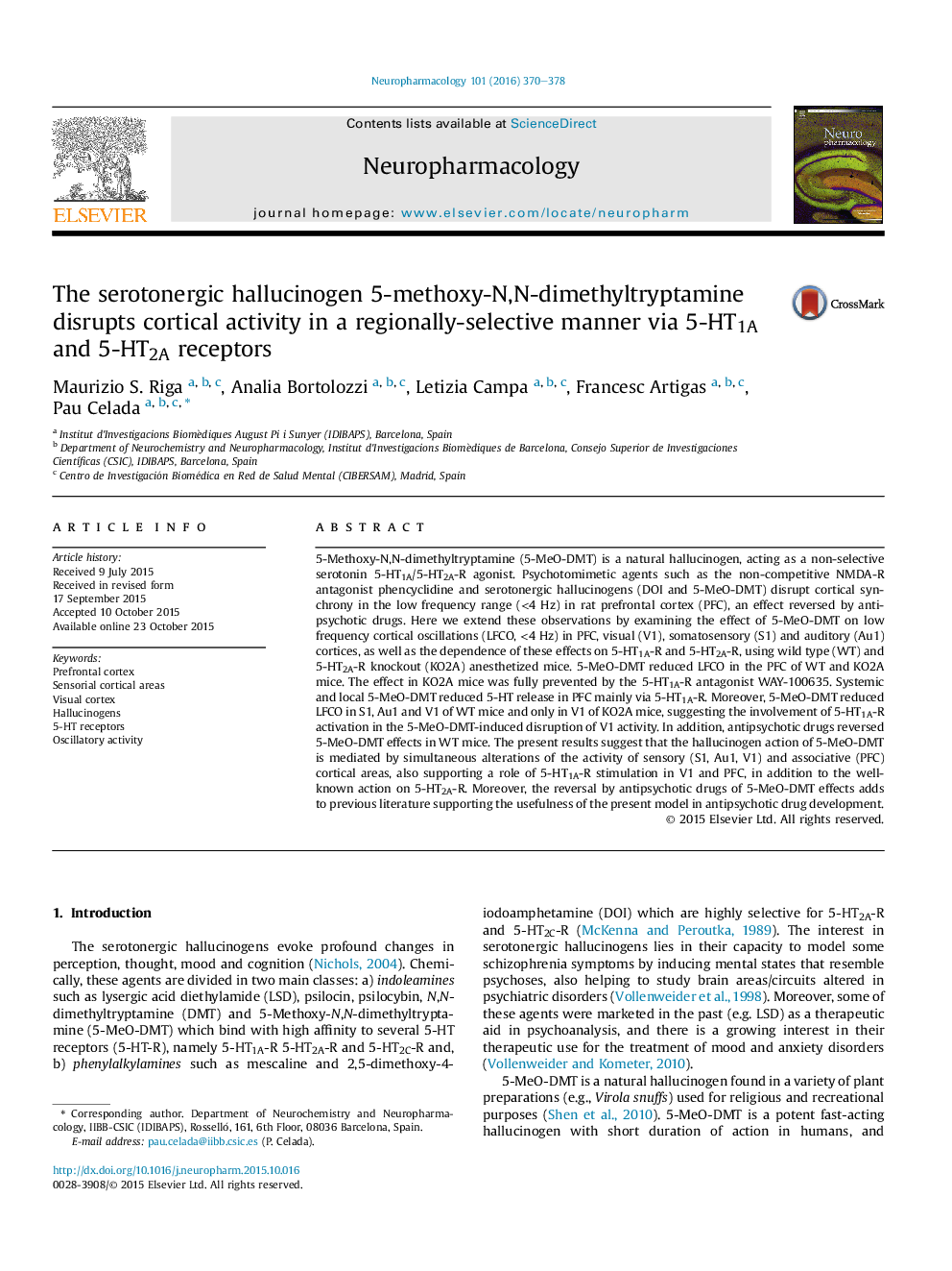 The serotonergic hallucinogen 5-methoxy-N,N-dimethyltryptamine disrupts cortical activity in a regionally-selective manner via 5-HT1A and 5-HT2A receptors