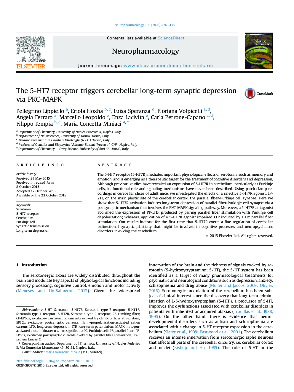 The 5-HT7 receptor triggers cerebellar long-term synaptic depression via PKC-MAPK