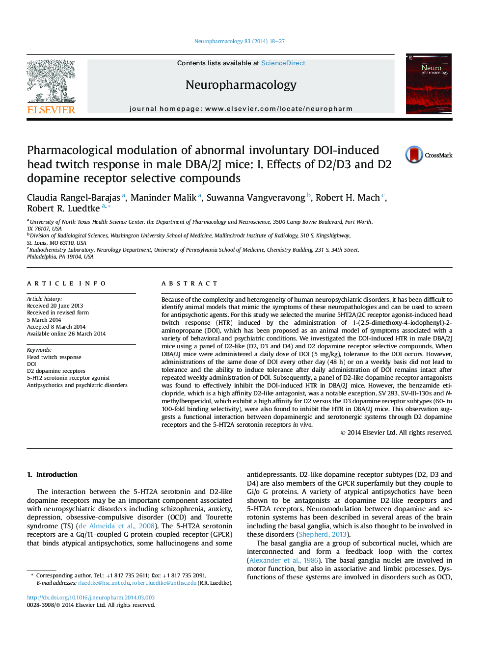 Pharmacological modulation of abnormal involuntary DOI-induced head twitch response in male DBA/2J mice: I. Effects of D2/D3 and D2 dopamine receptor selective compounds