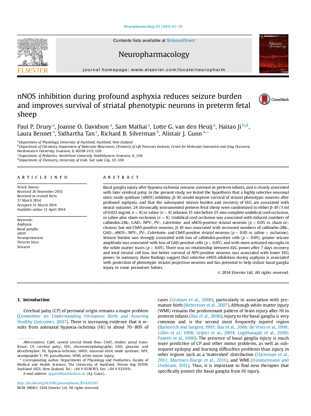 nNOS inhibition during profound asphyxia reduces seizure burden and improves survival of striatal phenotypic neurons in preterm fetal sheep