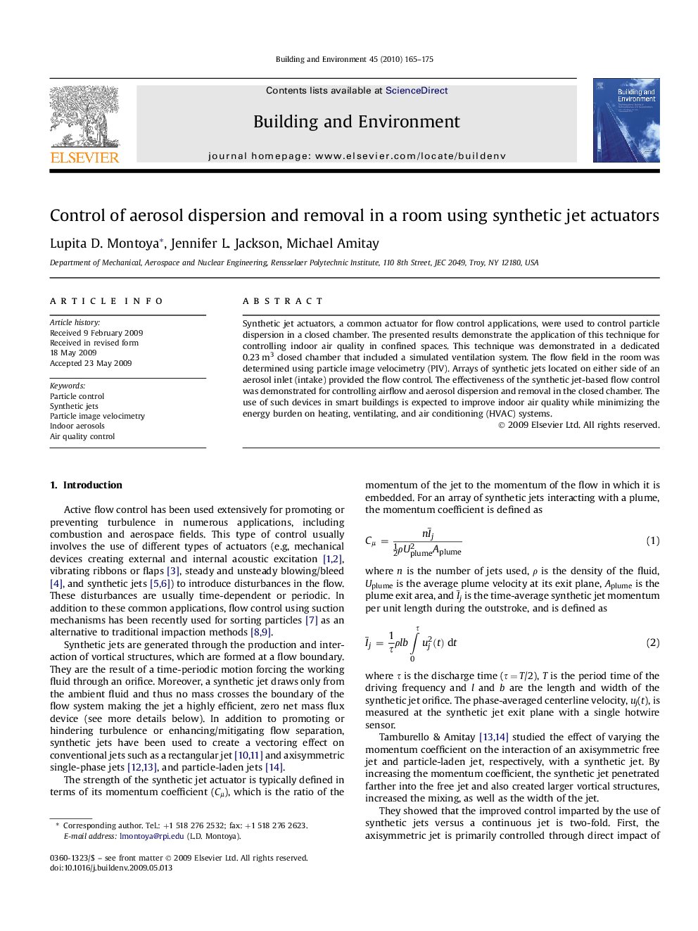 Control of aerosol dispersion and removal in a room using synthetic jet actuators