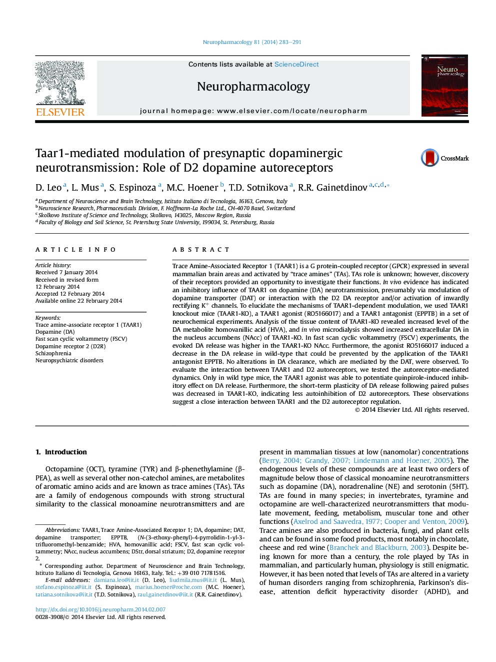 Taar1-mediated modulation of presynaptic dopaminergic neurotransmission: Role of D2 dopamine autoreceptors
