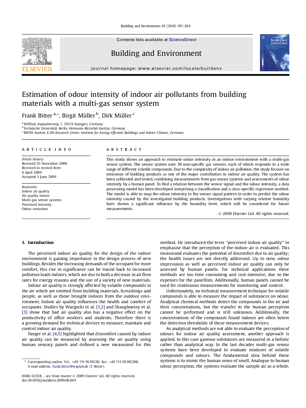 Estimation of odour intensity of indoor air pollutants from building materials with a multi-gas sensor system