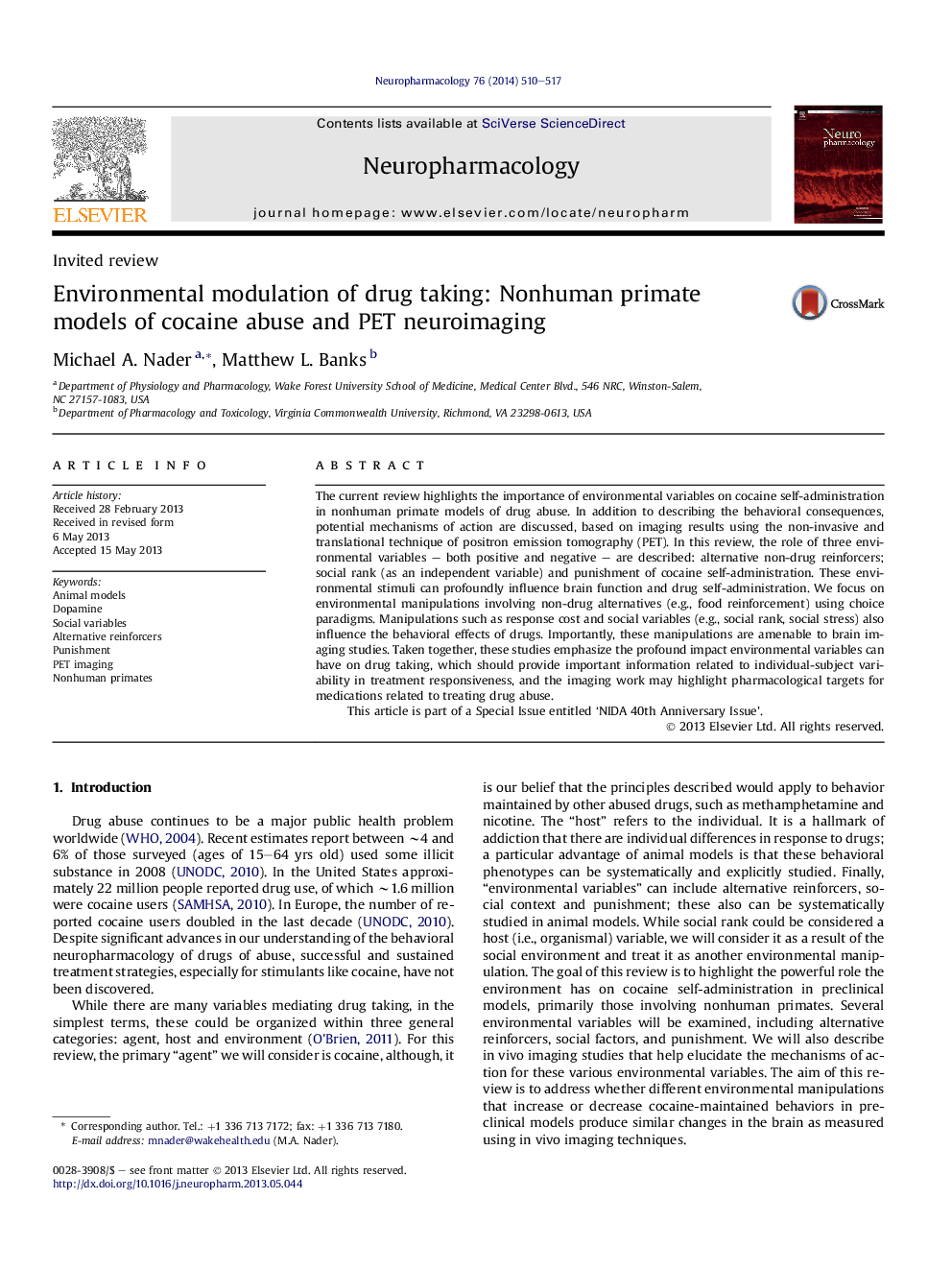 Environmental modulation of drug taking: Nonhuman primate models of cocaine abuse and PET neuroimaging