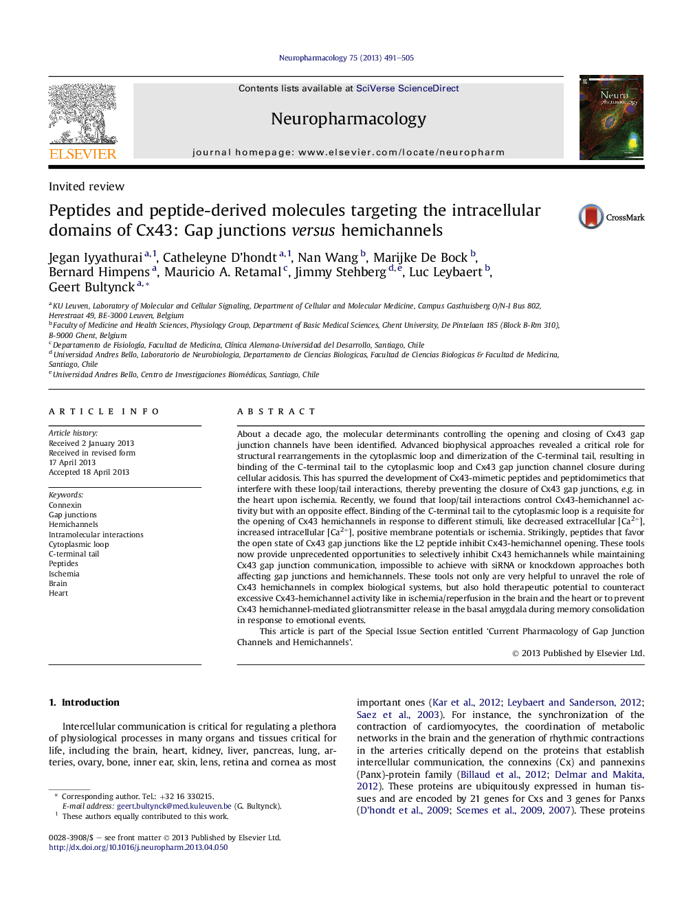 Peptides and peptide-derived molecules targeting the intracellular domains of Cx43: Gap junctions versus hemichannels