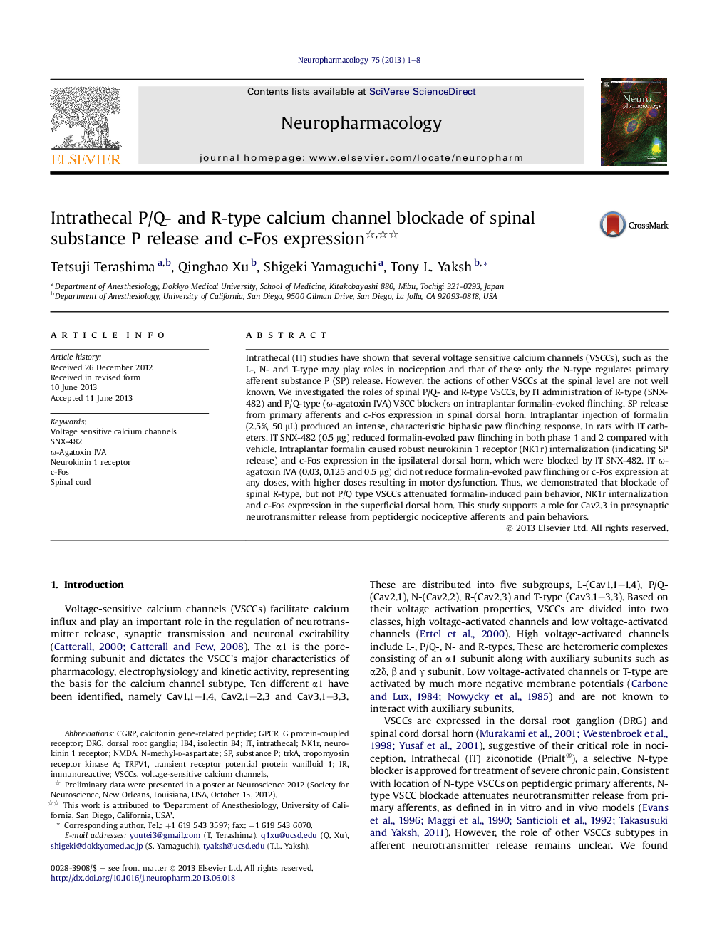 عکس صفحه اول مقاله: Intrathecal P/Q- and R-type calcium channel blockade of spinal substance P release and c-Fos expression Intrathecal P/Q- and R-type calcium channel blockade of spinal substance P release and c-Fos expression