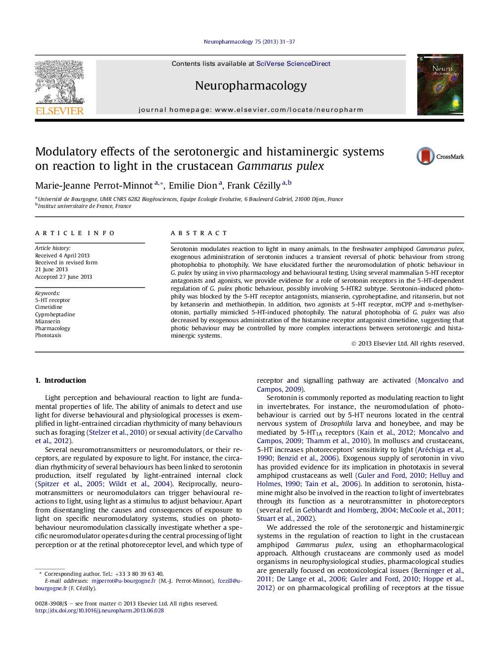 Modulatory effects of the serotonergic and histaminergic systems on reaction to light in the crustacean Gammarus pulex